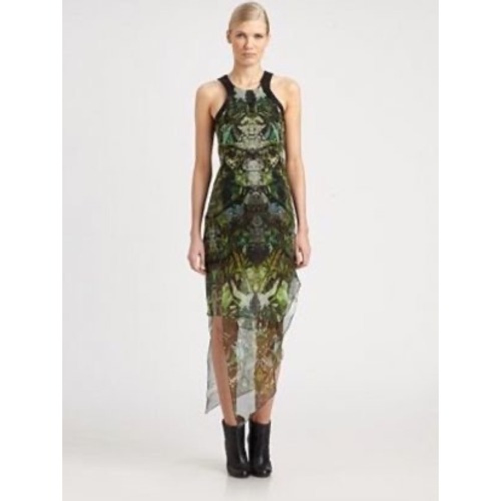 Helmut Lang Pre-Fall 2012 Green Abstract Spiderweb Print Silk Chiffon Dress - 4